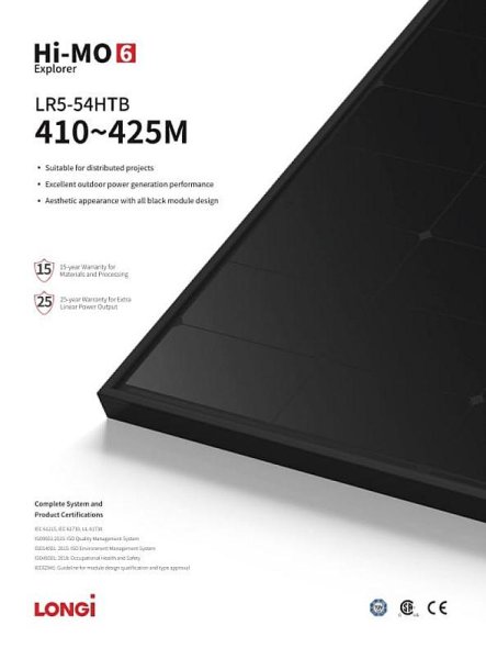 Солнечная панель 420 Вт монокристаллическая Longi Solar LR5-54HTB-420M полностью черная фото №2 Солнечная панель 420 Вт монокристаллическая Longi Solar LR5-54HTB-420M полностью черная фото №2